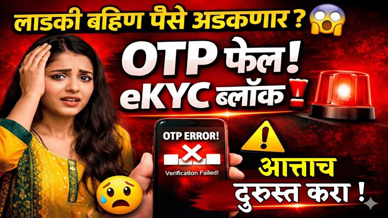लाडकी बहिण ekyc मध्ये समस्या आली, जास्त ट्रॅफिक येत होता कृपया पुन्हा प्रयत्न करा, ओटीपी समस्या आली.