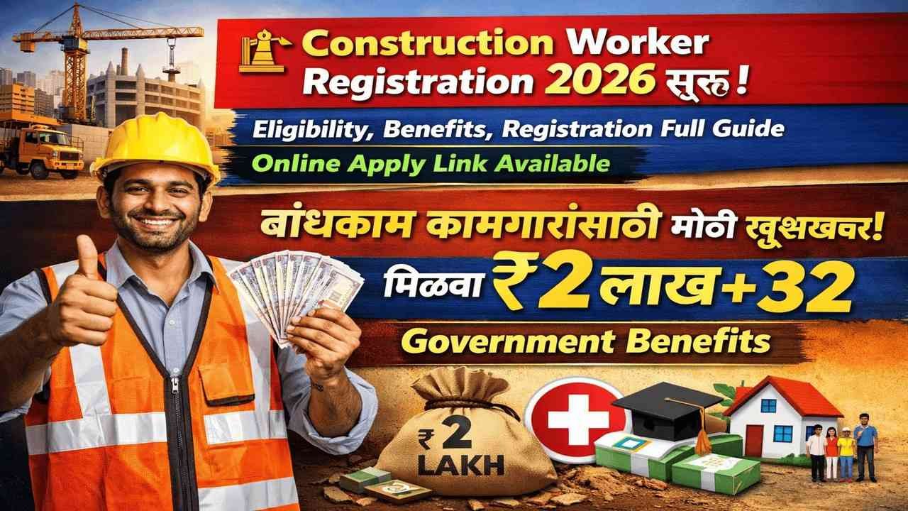 बांधकाम कामगार योजना 2026: ऑनलाईन अर्ज सुरू! लगेच करा नोंदणी आणि मिळवा ३२ योजनांचा लाभ.
